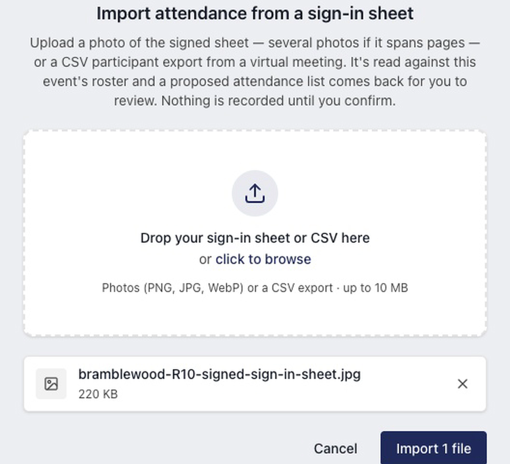 The attendance import dialog with a photographed sign-in sheet selected, ready to be read against the program's roster; nothing is recorded until a person confirms.
