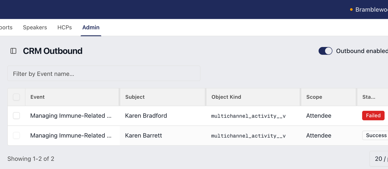 The CRM outbound queue for one client: two attendance records sent to the client's CRM, one that succeeded and one that failed with its error code, each after one attempt.