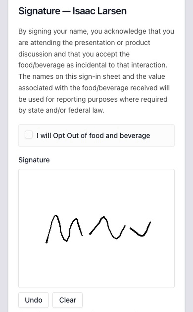 An HCP signing in on a phone: the food and beverage acknowledgment, the opt-out box left unchecked, and the drawn signature.