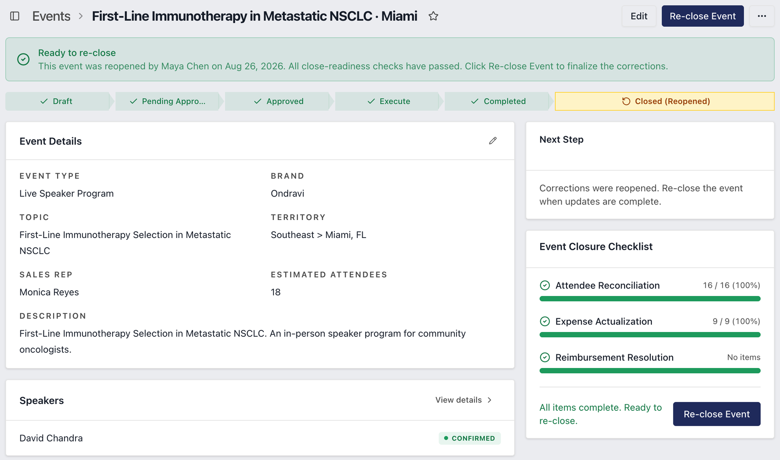 A closed program reopened for a correction: the lifecycle shows Closed (Reopened), every close-readiness check has passed, and the program is ready to re-close.