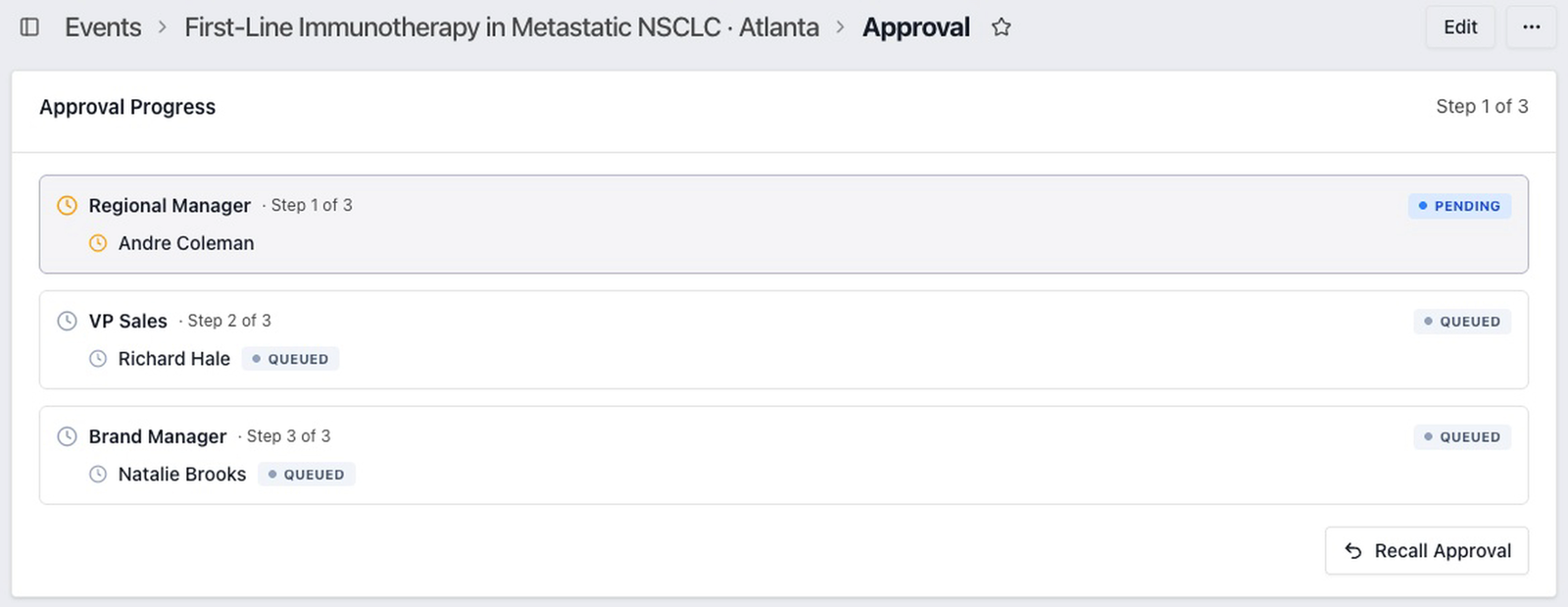 Approval progress for a program that needs three approvers: step 1 of 3 is pending with the regional manager, and the VP Sales and brand manager steps are queued.