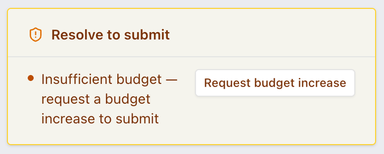 A draft program's status rail with one item to resolve before it can be submitted: insufficient budget, with a button to request a budget increase.
