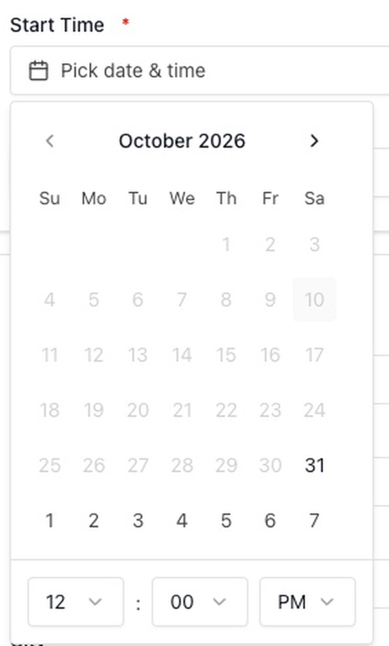 The program start date picker: days inside the client's lead time are greyed out, and the first selectable date is 21 days from today.