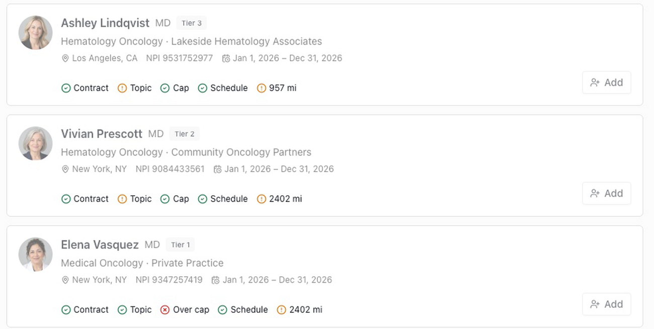 The speaker picker with ineligible speakers shown: one speaker is flagged Over cap, and each card shows the contract, topic, cap and schedule checks.