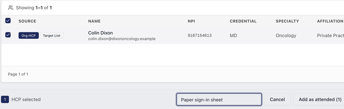 Adding an HCP who signed the paper sheet but was not on the roster: the HCP is selected and the reason "Paper sign-in sheet" is entered before adding them as attended.