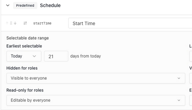 The start time field in a program type's setup: the earliest selectable date is 21 days from today, with no latest limit.