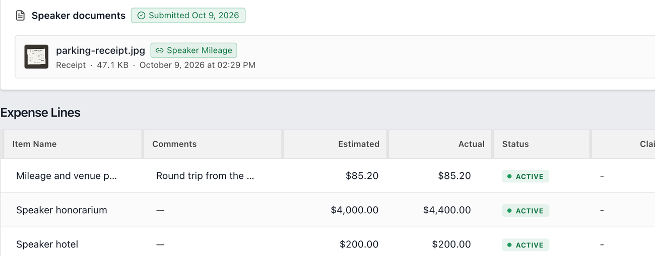 A speaker's reimbursement claim waiting for review: the submitted parking receipt is linked to its mileage line, which is pending, above the program's other expense lines.