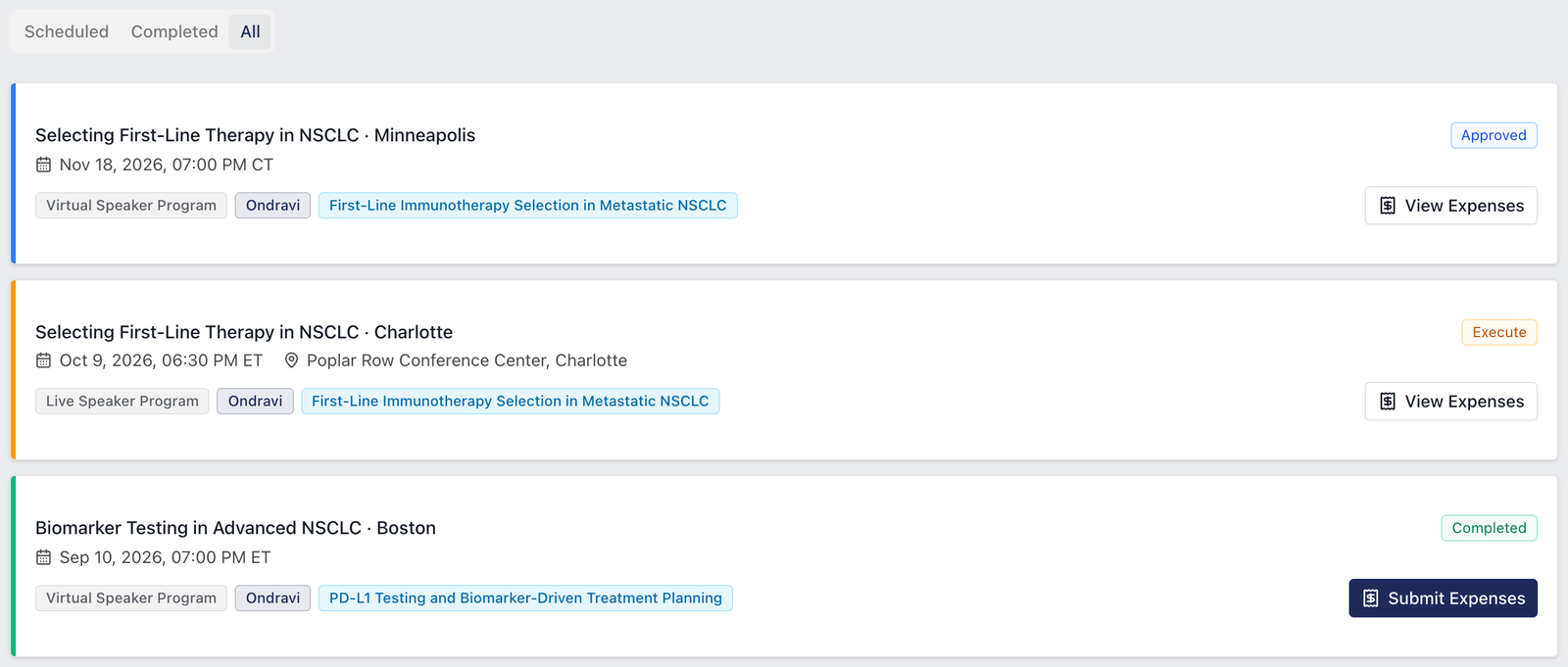 A speaker's portal: their programs with date, program type and topic, and whether each one still has expenses to submit.