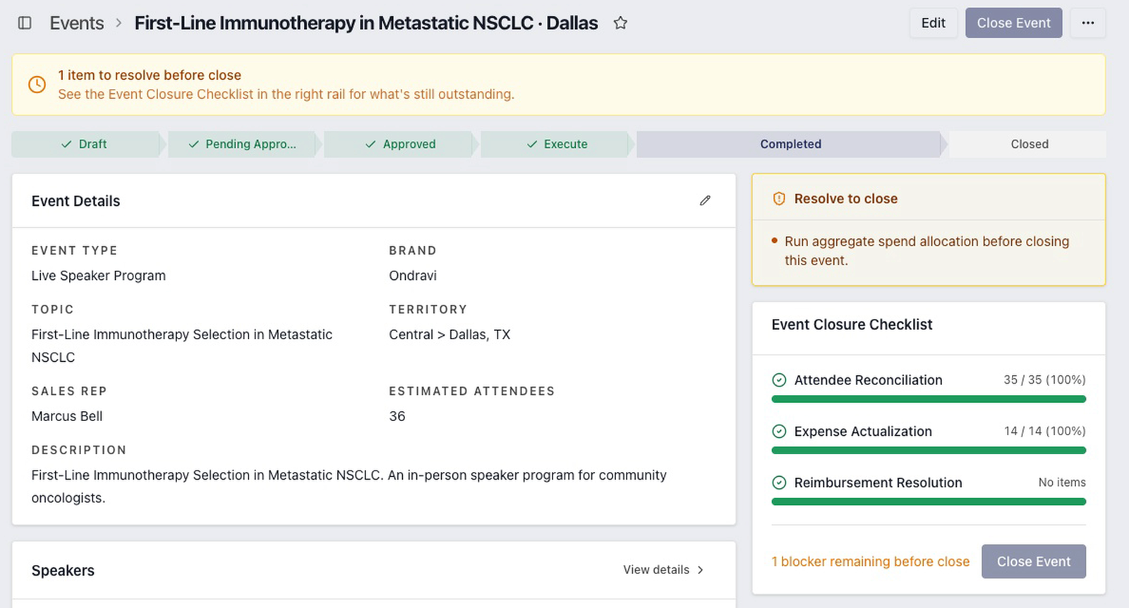 A completed program before close: a Resolve to close item for the spend allocation, and the event closure checklist.