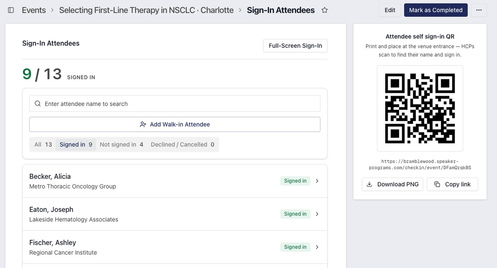 The sign-in page on program night: the attendees signed in so far and the attendee self sign-in QR code.