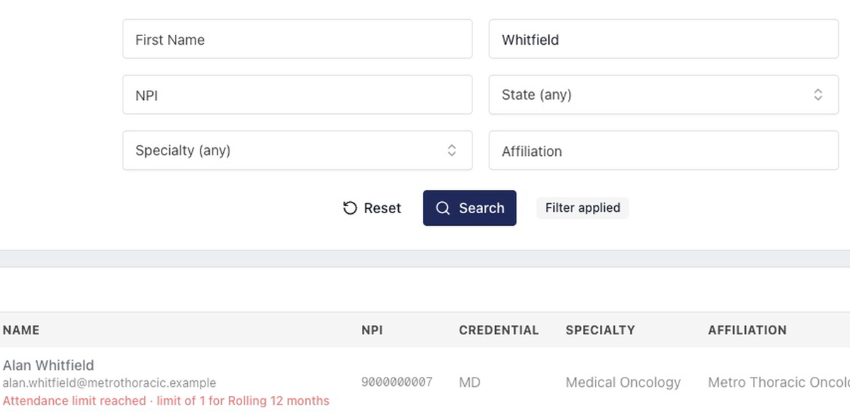 An attendee search result that cannot be selected: Attendance limit reached, limit of 1 for a rolling 12 months.