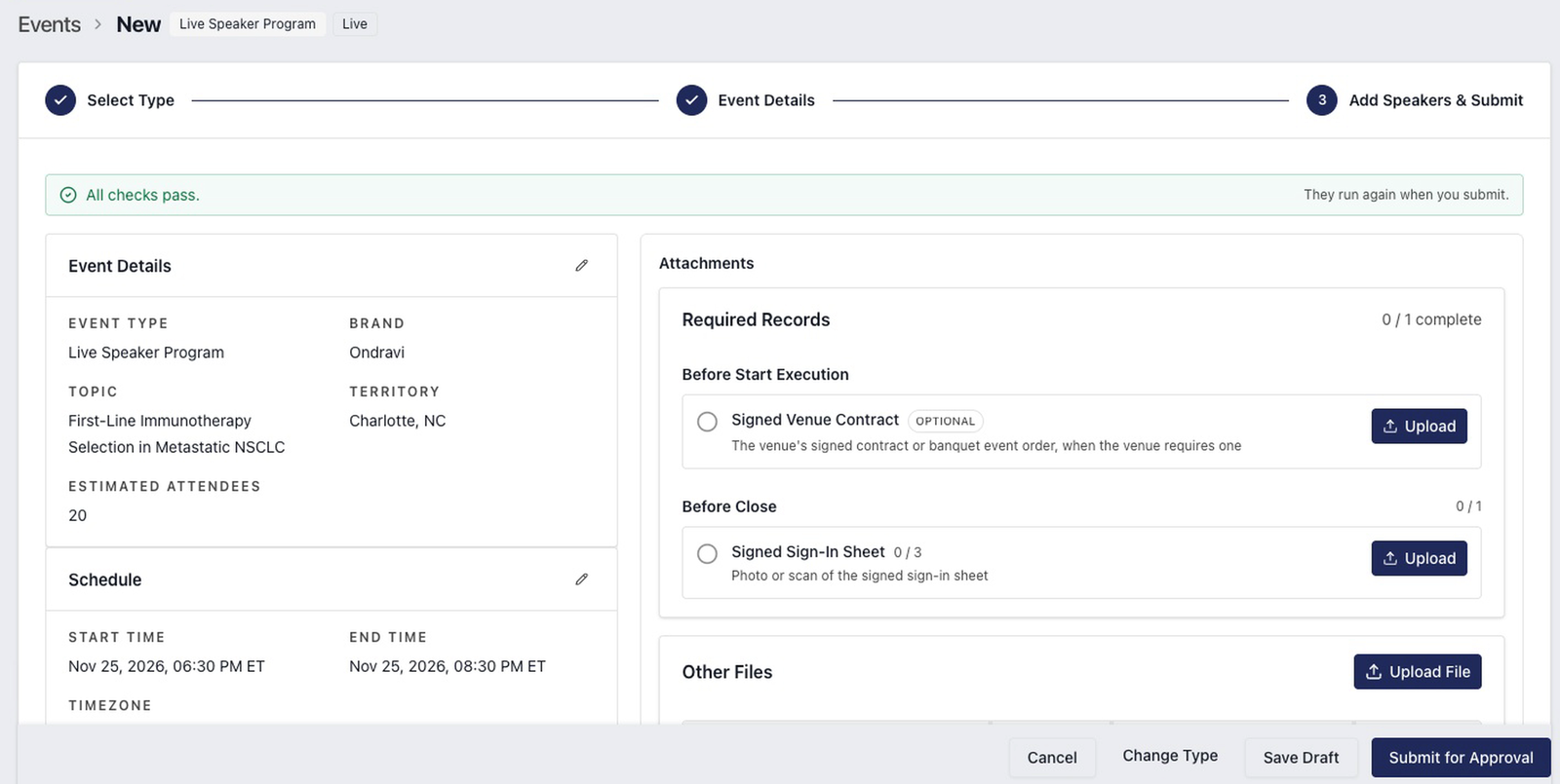 A sales rep's new speaker program request on its last step: All checks pass, the request summary, and Submit for Approval.