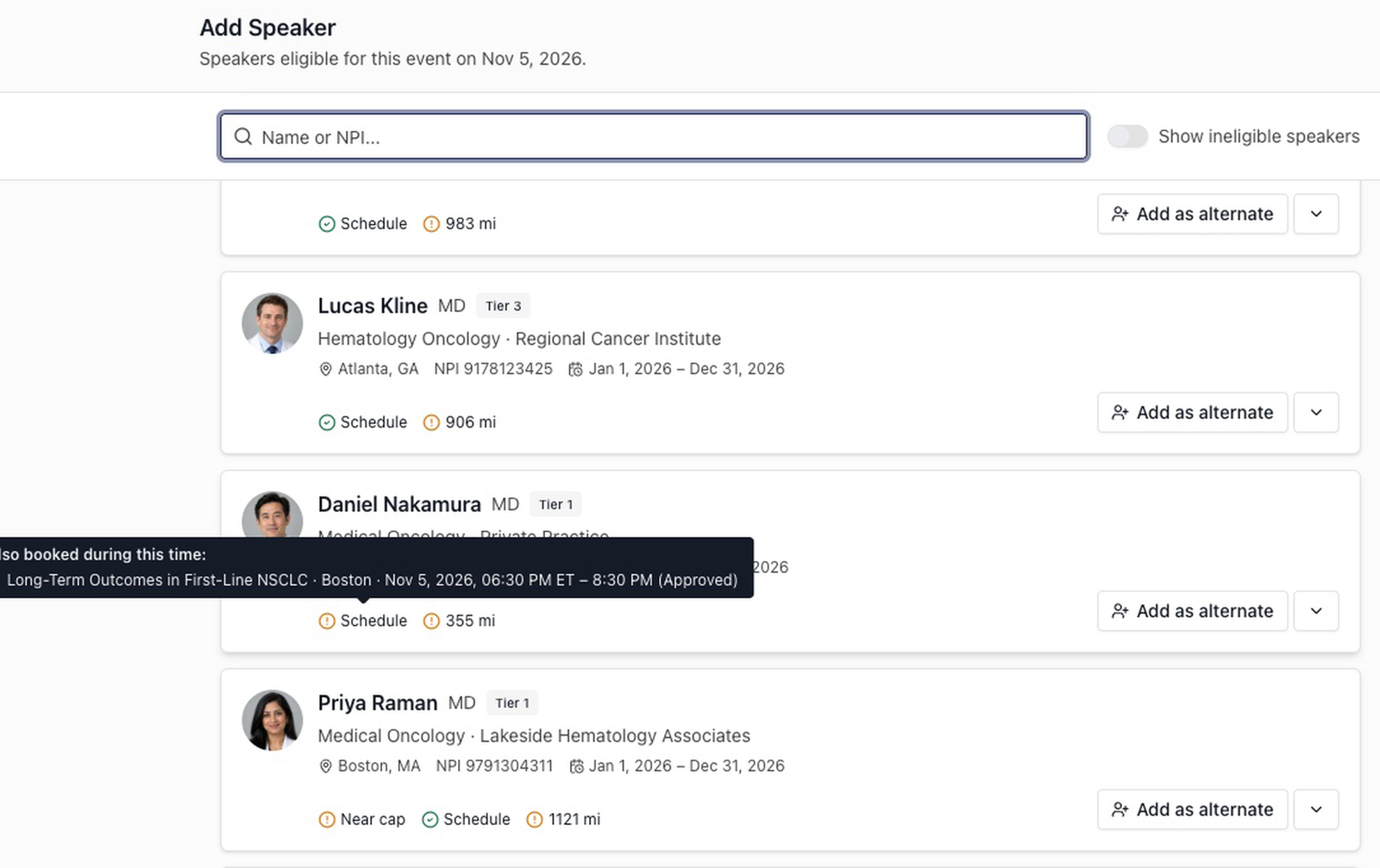 The Add Speaker dialog: eligible speakers with their topic, contract dates and distance, and a schedule warning listing another program the speaker is booked for at the same time.