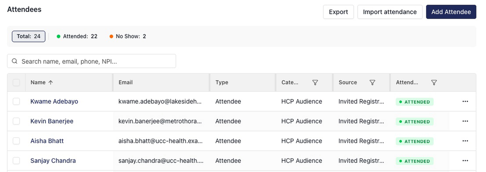 A virtual program's attendee list after the meeting: 23 on the roster, 20 attended and 3 no-shows, each with an attendance status.