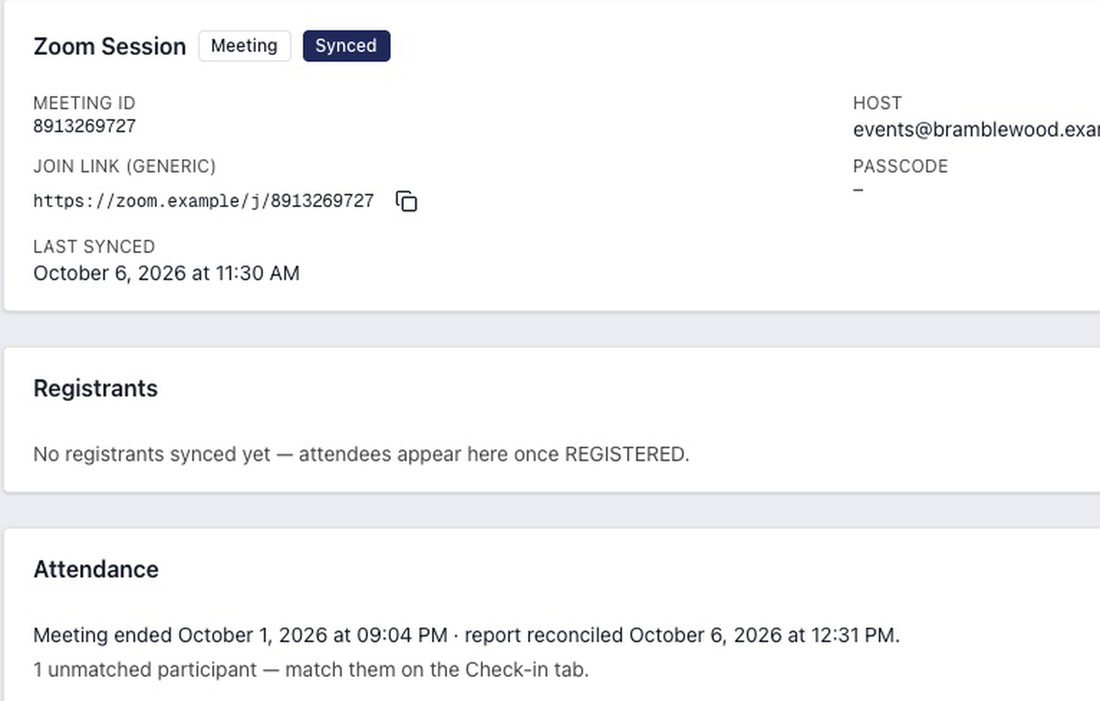 A virtual program's Zoom session, synced, and its attendance card: the meeting ended, the report was reconciled the next day, and one unmatched participant is left to match.